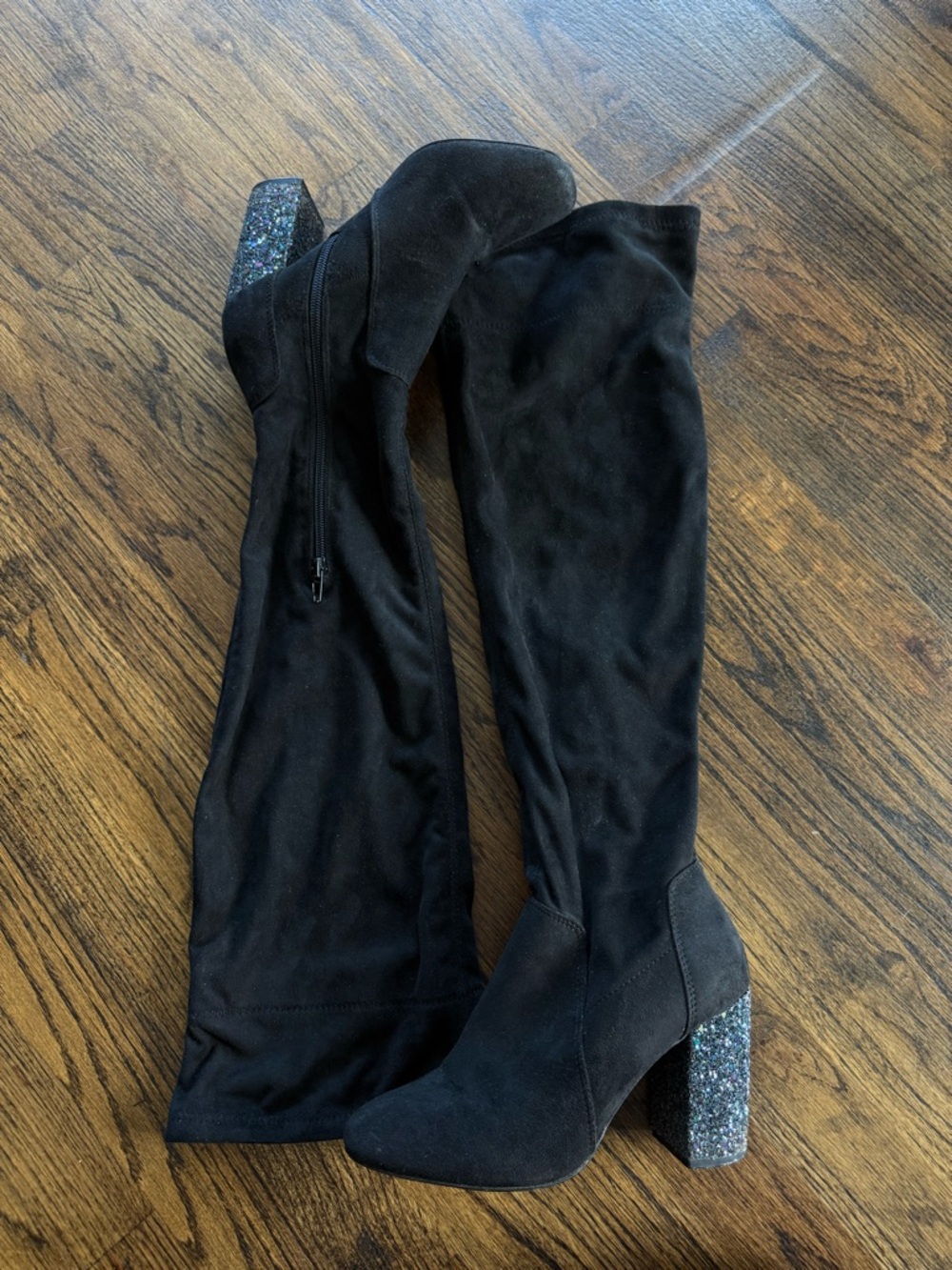 Black Over-the-Knee Suede Block Heel Boots with Glitter Heel